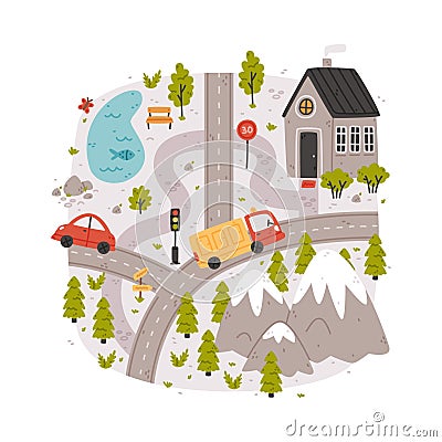 Naive City Map with Cartoon Road, Car and House Vector Illustration Vector Illustration