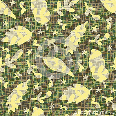 Naive doodle leaf textured seamless vector pattern background. Backdrop with yellow gray falling oak, birch leaves Vector Illustration