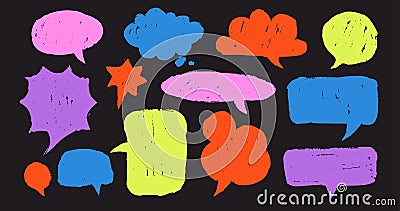 Naive groovy speech bubbles pack. Doodle sketch style of chat clouds. 1970 psychedelic trippy y2k Dialogue, discussion, message, Stock Photo