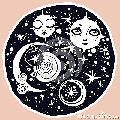 Naive kawaii night space composition with sun and moon faces. Vector Illustration