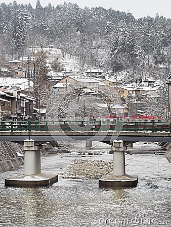 Nakabashi Bridge of Hida-Takayama old town in Chubu region. Editorial Stock Photo