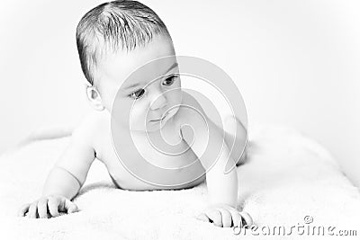 Baby Boy Laying on Tummy Black and White Stock Photo