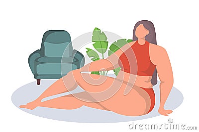 Naked confident woman accept and enjoy herself. A girl with curvaceous forms sits on the floor with his legs crossed and Vector Illustration