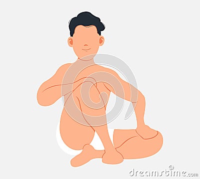 Naked cute man sitting isolated on white. Young male character sitting cross legged front view Vector Illustration