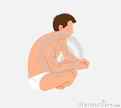 Naked cute man sitting isolated on white. Young male character sitting cross legged side view Vector Illustration