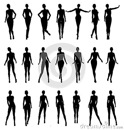 Naked Female Silhouette Fashion Model Pose Set Vector Illustration