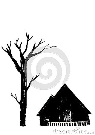 Naked tree and a village house. Winter scenery. Black and white monochrome illustration. Vector Illustration