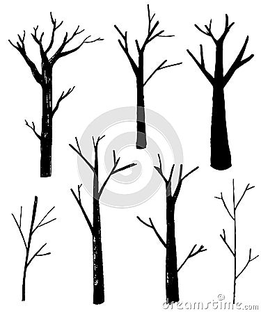 Naked trees silhouettes set. Hand drawn isolated illustrations. Nature drawing. Vector Illustration