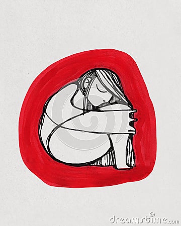 Naked woman in fetal position ink drawing Cartoon Illustration
