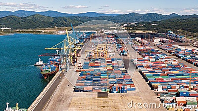 Nakhodka, Russia-August 2019: container terminals in Nakhodka port. port Nakhodka in Russia, coal, oil, containers, wood Editorial Stock Photo