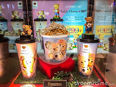 Nakhon Ratchasima/Thailand - Oct 14 2018:teddy house cup and Popcorn bucket set teddy house on the shelf at the cinema Editorial Stock Photo