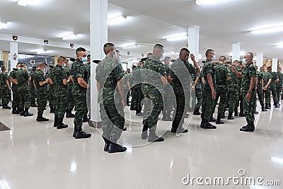 Nakhon Sawan, Thailand, 29 October 2021, a large group of male military students Wear a mask to prevent the spreading virus Editorial Stock Photo