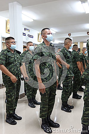 Nakhon Sawan, Thailand, 29 October 2021, a large group of male military students Wear a mask to prevent the spreading virus. Editorial Stock Photo