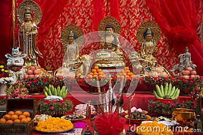 Set of Chinese altar table on the street in city during the Chinese New year celebrations. Editorial Stock Photo