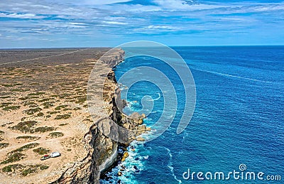 Nullarbor Plain SA Australia. Blue sea and arid landscape Stock Photo