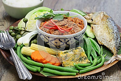 Nam phrik pla thu ; vegetables with short mackerel dipping paste , thai food Stock Photo