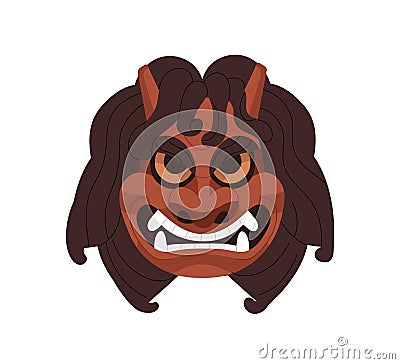 Namahage noh mask. Angry devils face for Japan kabuki theater. Japanese oriental theatrical demon head with horns, hair Vector Illustration