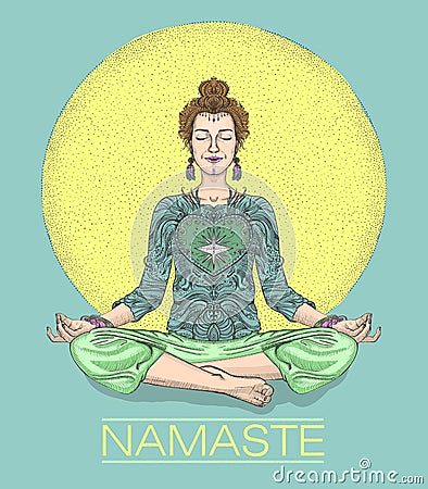 Namaste card with woman practice yoga meditation, lotus pose Vector Illustration