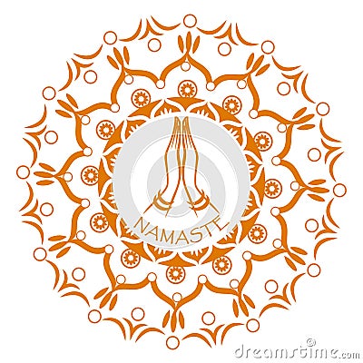 Namaste mudra in mandala circle. Vector Illustration