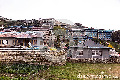 View of hill-side lodgings at Namche Bazaar town, Solukhumbu District, Nepal Stock Photo