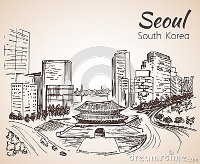 Namdaemun, the Sungnyemun - Seoul cityscape, hand drawn. South K Vector Illustration