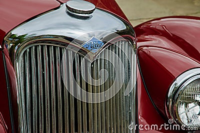 Name badge and radiator plate of Riley classic car at Haworth 1940s Festival Editorial Stock Photo