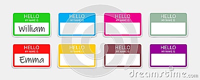 Name badge. Tag of hello. Sticker or card with my nametag. Label with hi. Paper card for identification teacher speaker on meet Vector Illustration