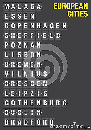 Name of European Cities on Airport Flip Board Vector Illustration