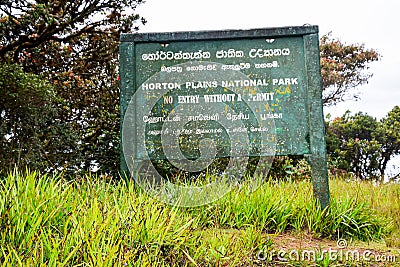 The name plaque erected at the entrance to Horton Plains Srilanka Editorial Stock Photo