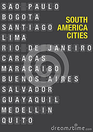 Name of South American Cities on Airport Flip Board Vector Illustration