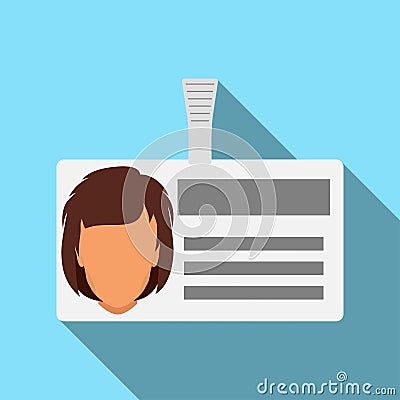 Name tag badge with woman s head silhouette. Plastic horizontal badge with clasp. Name card icon with shadow. Vector illustration Cartoon Illustration