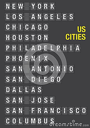 Name of US Cities on Airport Flip Board Vector Illustration