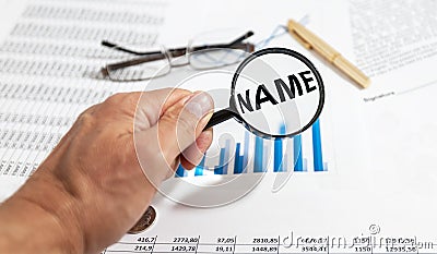 NAME word on paper office documents, marketing and branding strategy Stock Photo