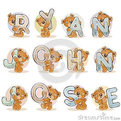 Names for boys Ryan, John, Jose made decorative letters with teddy bears Vector Illustration