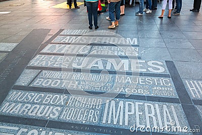 Names of Broadway theaters on the Times Square in New York City Editorial Stock Photo