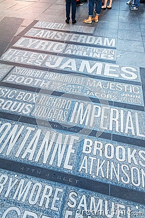 Names of Broadway theaters on the Times Square in New York City Editorial Stock Photo