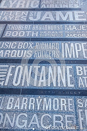 Names of Broadway theaters on the Times Square in New York City Editorial Stock Photo