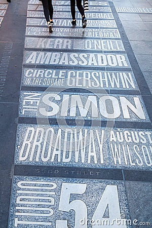 Names of Broadway theaters on the Times Square in New York City Editorial Stock Photo