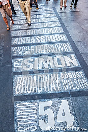 Names of Broadway theaters on the Times Square in New York City Editorial Stock Photo