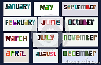 Names of months of the year. Colourful typeface vector text. Stock Photo