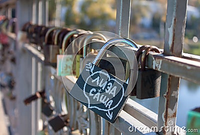 Names on the padlocks as a proof of love Stock Photo