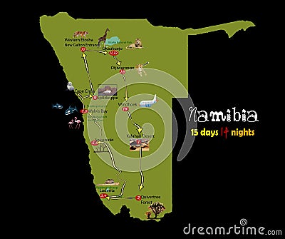 Namibia Africa Map point of interest itinerary day Stock Photo