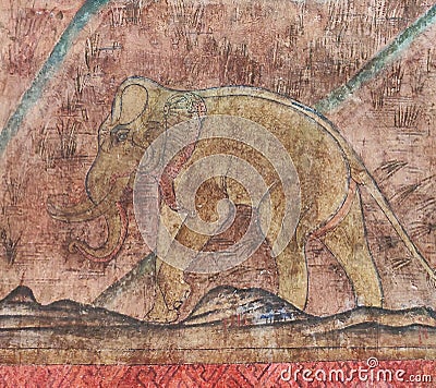 Nan, November 29,2020 : Wall painting image showing in Phumin temple , Thai elephant painting ancient working at Nan province. Editorial Stock Photo