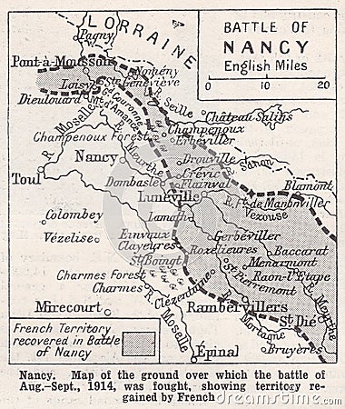 Vintage map of the Battle of Nancy 1914. Editorial Stock Photo
