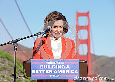 Nancy Pelosi at a Press Conference on Infrastructure in San Francisco Editorial Stock Photo