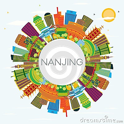 Nanjing China City Skyline with Color Buildings, Blue Sky and Copy Space Stock Photo