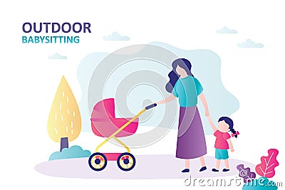 Nanny with baby carriage and girl walks in park. Cartoon babysitter with stroller and child on outdoor stroll Vector Illustration