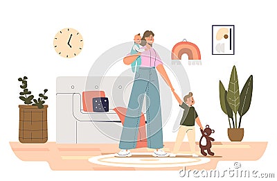 Nanny with kids at home. Young babysitter female with little infant boy and girl Vector Illustration