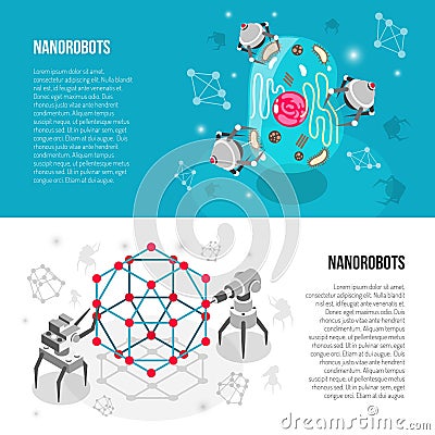 Nano Robots Isometric Banners Vector Illustration