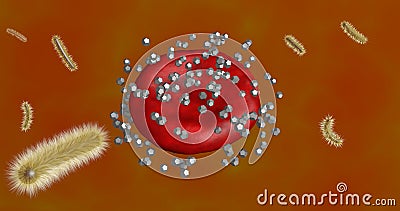 Nano robots, particles swarming around a cell. 3d rendering illustration view 1 Cartoon Illustration